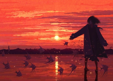 短发 插图 宽屏 日落 夕阳 鱼 剪影 天空 女性 角色 面具 宽松的衣服 4K壁纸  3840x2160