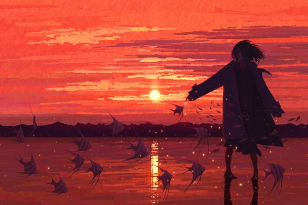 短发 插图 宽屏 日落 夕阳 鱼 剪影 天空 女性 角色 面具 宽松的衣服 4K壁纸 3840x2160
