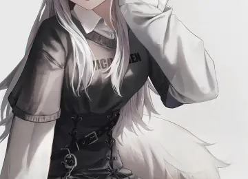 坐着 狼耳 狼尾 长发 白发 动漫 女孩 长袜 狼女 手机壁纸 4K壁纸  6400x10380