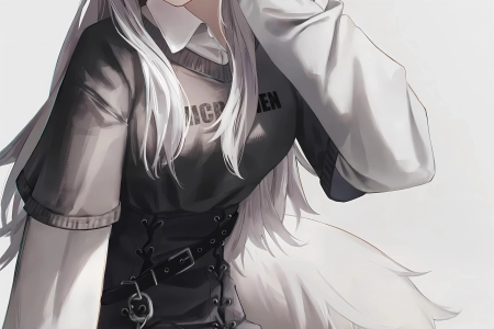 坐着 狼耳 狼尾 长发 白发 动漫 女孩 长袜 狼女 手机壁纸 4K壁纸 6400x10380