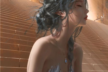闭眼 女人 楼梯 猫 手机壁纸 4K壁纸 4596x9240