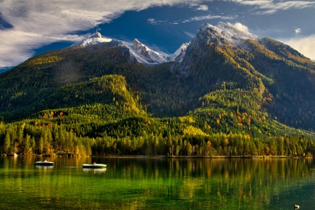 自然 景观 树木 森林 雪山 船 水 水波纹 云 天空 鸭子 湖 4K壁纸 4600x2550