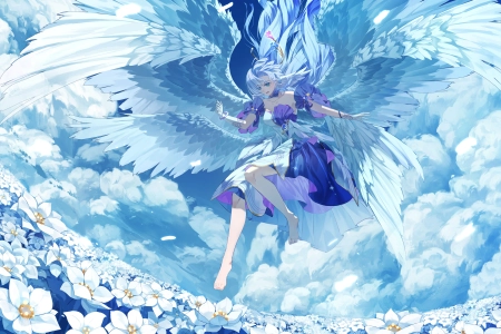 赤脚 裸肩 长发 天使 翅膀 鲜花 白手套 珠宝 短袖 手镯 天空 飞翔 云朵 田野 连衣裙 积云 4K壁纸 6869x3639