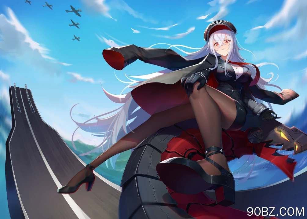 长发 白头发 红眼睛 脚 飞艇 蔚蓝巷 动漫女孩 制服 天空 云 帽子 高跟鞋 裤袜 手套 飞机 军舰 水 夹克 4K壁纸