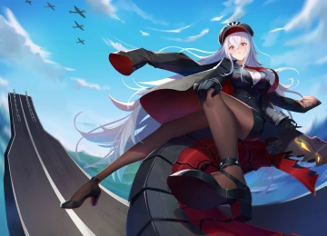 长发 白头发 红眼睛 脚 飞艇 蔚蓝巷 动漫女孩 制服 天空 云 帽子 高跟鞋 裤袜 手套 飞机 军舰 水 夹克 4K壁纸  6140x4379