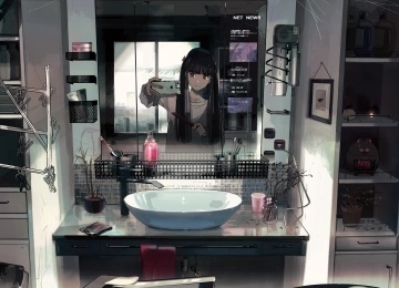 原创 人物 库卡 红眼 动漫 女孩 浴室 倒影 镜子 影子 自拍 黑发 4K壁纸  4500x2552