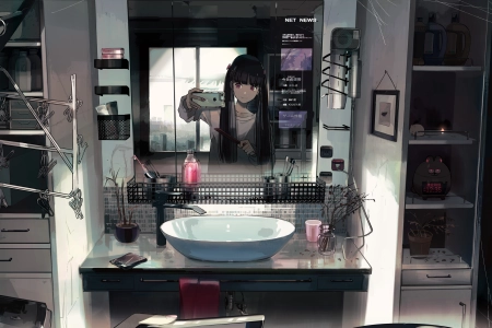 原创 人物 库卡 红眼 动漫 女孩 浴室 倒影 镜子 影子 自拍 黑发 4K壁纸 4500x2552
