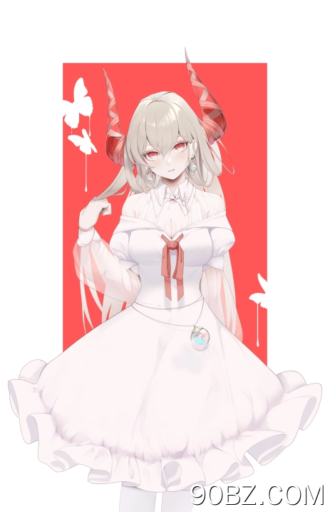 原创 人物 红眼睛 动漫 女孩 角 灰色头发 连衣裙 手机壁纸 4K壁纸