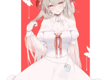 原创 人物 红眼睛 动漫 女孩 角 灰色头发 连衣裙 手机壁纸 4K壁纸  4200x6500