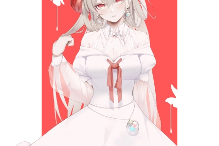 原创 人物 红眼睛 动漫 女孩 角 灰色头发 连衣裙 手机壁纸 4K壁纸 4200x6500