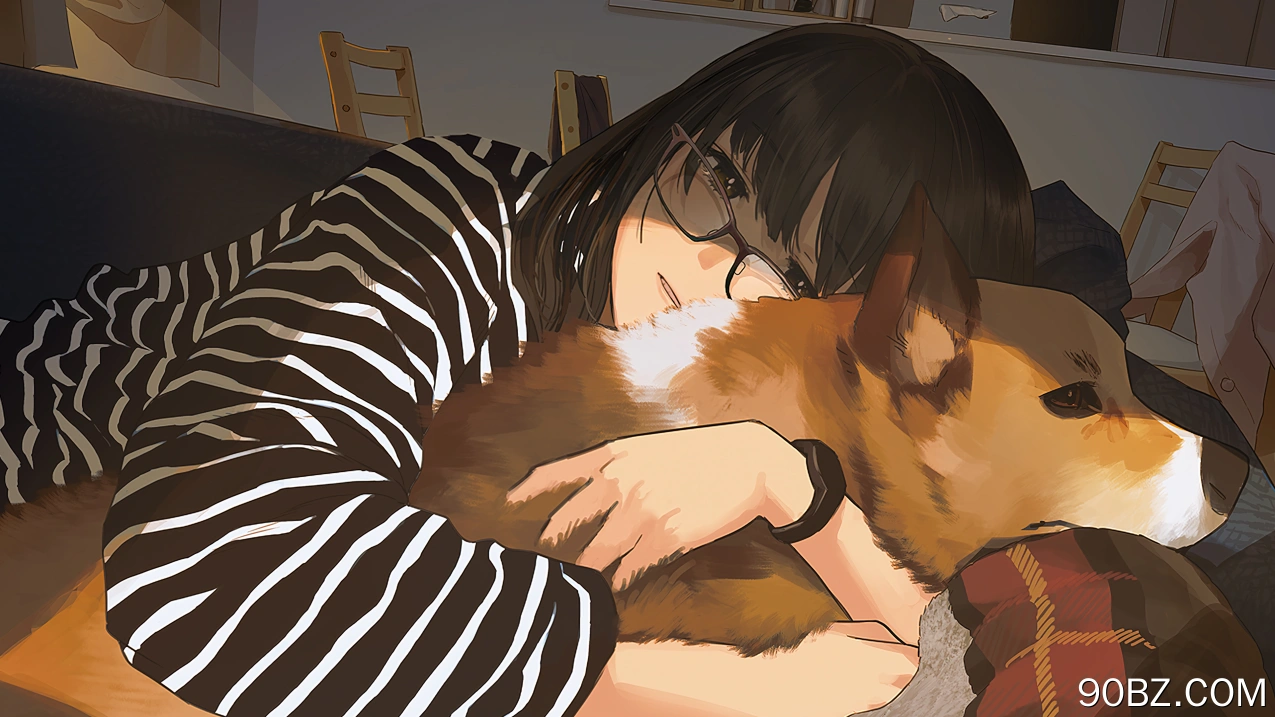 黑发 室内 女人 拥抱 动漫 女孩 棕色眼睛 狗 柯基犬 条纹衣服 眼镜 动物 4K壁纸