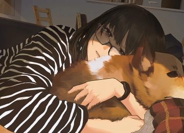 黑发 室内 女人 拥抱 动漫 女孩 棕色眼睛 狗 柯基犬 条纹衣服 眼镜 动物 4K壁纸  3840x2160