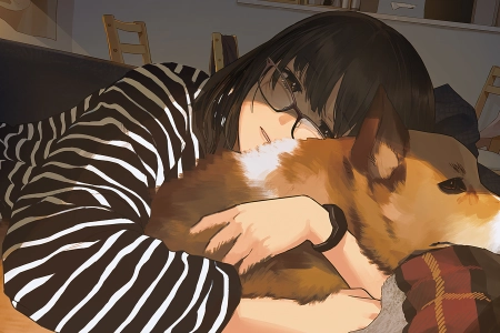 黑发 室内 女人 拥抱 动漫 女孩 棕色眼睛 狗 柯基犬 条纹衣服 眼镜 动物 4K壁纸 3840x2160