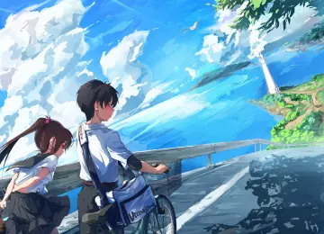 情侣 女生 男生 笑 马尾辫 动漫 女孩 男孩 校服 背包 自行车 云 积云 灯塔 水 海鸥 动物 岛屿 叶子 山脊 衬衫 海 阳光 道路 天空 鸟 4K壁纸  4093x2894
