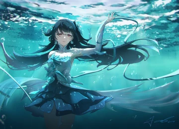 长发 动漫 女孩 水下 水中 裙子 水中 耳环 泡泡 8K壁纸  9743x6000