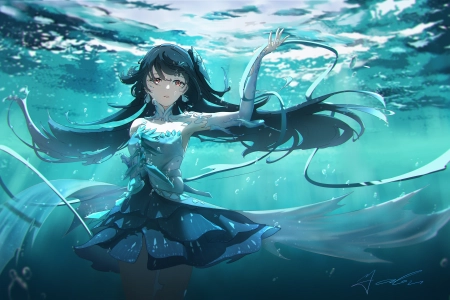 长发 动漫 女孩 水下 水中 裙子 水中 耳环 泡泡 8K壁纸 9743x6000