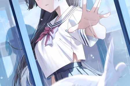 女学生 长发 站立 动漫 女孩 校服 小鸟 阳光 倒影 手机壁纸 4K壁纸 4348x6136