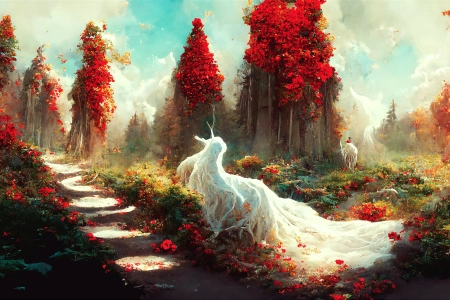 树 独角兽 树木 风景 红色背景 红色花朵 花卉 植物 AI艺术 艺术 4K壁纸 4096x2304