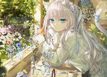猫女孩 蓝眼睛 苹果 鲜花 银发 动漫 女孩  手机壁纸 4K壁纸  6728x6909