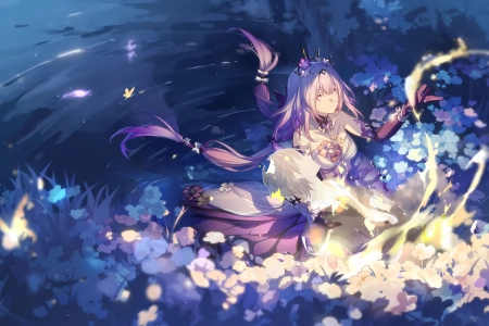 插图 插画 少女 花 水 抱着 4K壁纸 4000x2300