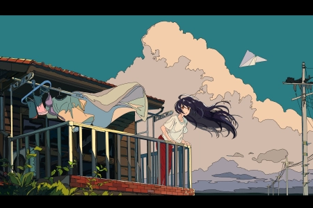 长发 纸飞机 阳台 4K壁纸 5000x2530