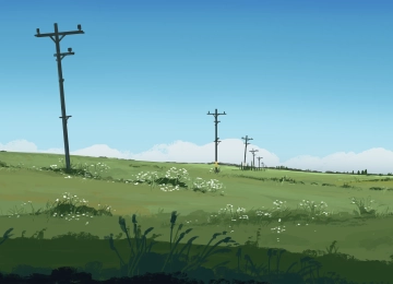 纤细数字艺术插画-电线杆与自然景观  5640x2400