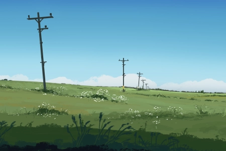 纤细数字艺术插画-电线杆与自然景观 5640x2400