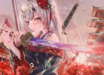 橙色眼睛 动漫 女孩 号角 银发 剑 服装 片名 雨 全息 虚拟 4K壁纸  3840x2160