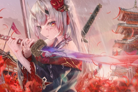 橙色眼睛 动漫 女孩 号角 银发 剑 服装 片名 雨 全息 虚拟 4K壁纸 3840x2160