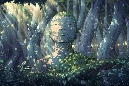 AI艺术 奇幻艺术 雕像 阳光 阳光 森林 树木 自然  电脑壁纸 4K壁纸 3840x2160
