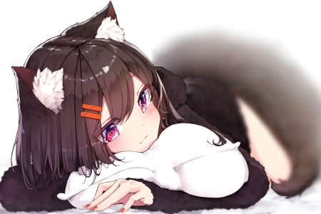 黑发 动漫 女孩 枕头拥抱 紫色眼睛 兽耳 狐狸少女 尾巴 脸红 4K壁纸 3970x2562