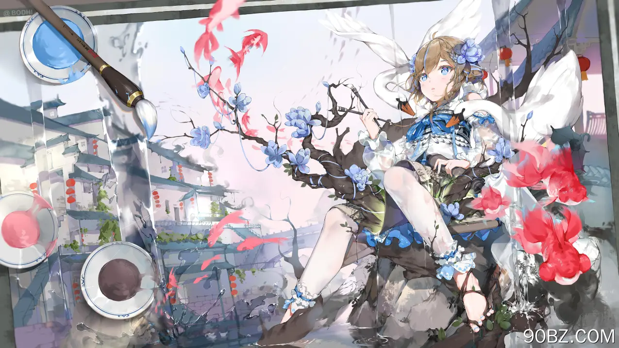 蓝头发 动漫 女孩 鱼 动物 画笔 4K壁纸