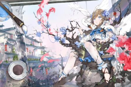 蓝头发 动漫 女孩 鱼 动物 画笔 4K壁纸 3840x2160