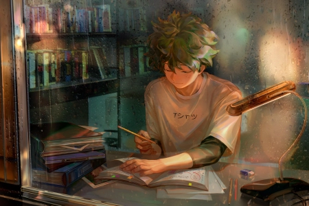 闭着的眼睛 动漫 动漫男孩 白衬衫 铅笔 书籍 橡皮擦 雨 窗户 玻璃 玻璃上的水  电脑壁纸 4K壁纸 3840x2160