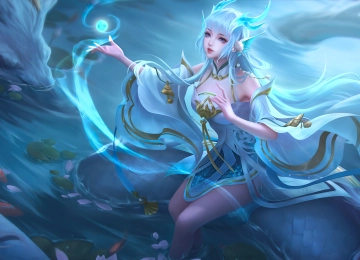 游戏CG 人物 蓝头发 王者荣耀 水 龙 动物 4K壁纸  5657x2880