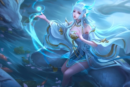 游戏CG 人物 蓝头发 王者荣耀 水 龙 动物 4K壁纸 5657x2880