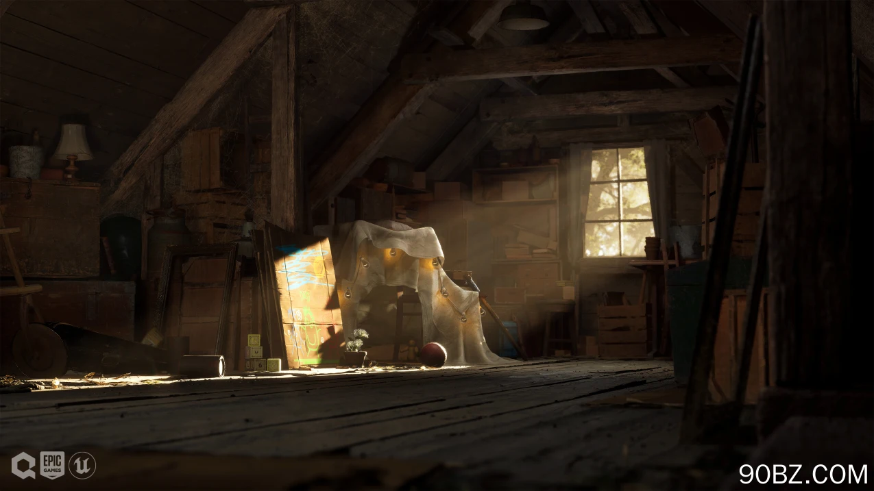 虚幻引擎5，阳光，阁楼，木地板，凳子，窗户，木箱，水印，灯泡，阳光，视频游戏，室内，图标，台灯，CGI，画作，泰迪熊，立方体