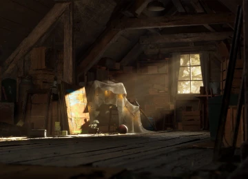 虚幻引擎5，阳光，阁楼，木地板，凳子，窗户，木箱，水印，灯泡，阳光，视频游戏，室内，图标，台灯，CGI，画作，泰迪熊，立方体  3840x2160