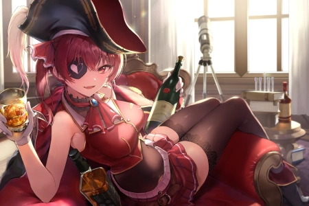 海洋 动漫 动漫女孩 红酒 眼罩 礼服 酒杯 沙发 4K壁纸 4096x2451