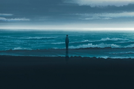 站立 头发 艺术品 数字艺术 数字绘画 动漫 海滩 阴影 波浪 云 孤独   电脑壁纸 4K壁纸 4200x2363