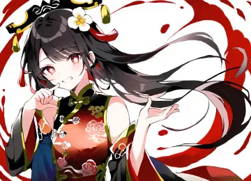 胡桃 原神 红眼睛 动漫女孩 黑发 中国服饰 头发 花  电脑壁纸 4K壁纸  4608x3072