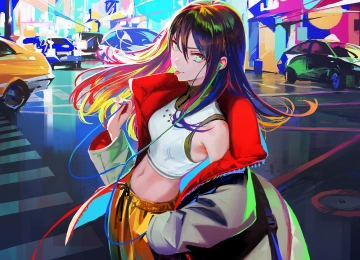黑发 吐舌 横山 肚皮 深色头发 舌头 女性 数码艺术 肖像 运动服 耳机 道路 汽车 彩色 城市 交通 4K壁纸  4096x2907