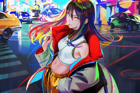 黑发 吐舌 横山 肚皮 深色头发 舌头 女性 数码艺术 肖像 运动服 耳机 道路 汽车 彩色 城市 交通 4K壁纸 4096x2907
