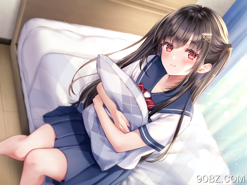 女学生 长发 微笑 坐着 动漫 动漫女孩 卧室 校服 枕头 床 抱枕 4K壁纸