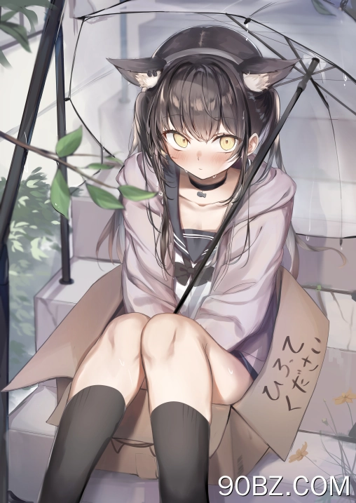 深色头发 动漫 女孩 AI艺术 校服 雨伞 猫耳 黄眼睛 脸红 汗水 楼梯 手机壁纸 4K壁纸