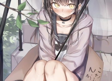 深色头发 动漫 女孩 AI艺术 校服 雨伞 猫耳 黄眼睛 脸红 汗水 楼梯 手机壁纸 4K壁纸  5904x8334