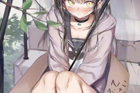 深色头发 动漫 女孩 AI艺术 校服 雨伞 猫耳 黄眼睛 脸红 汗水 楼梯 手机壁纸 4K壁纸 5904x8334