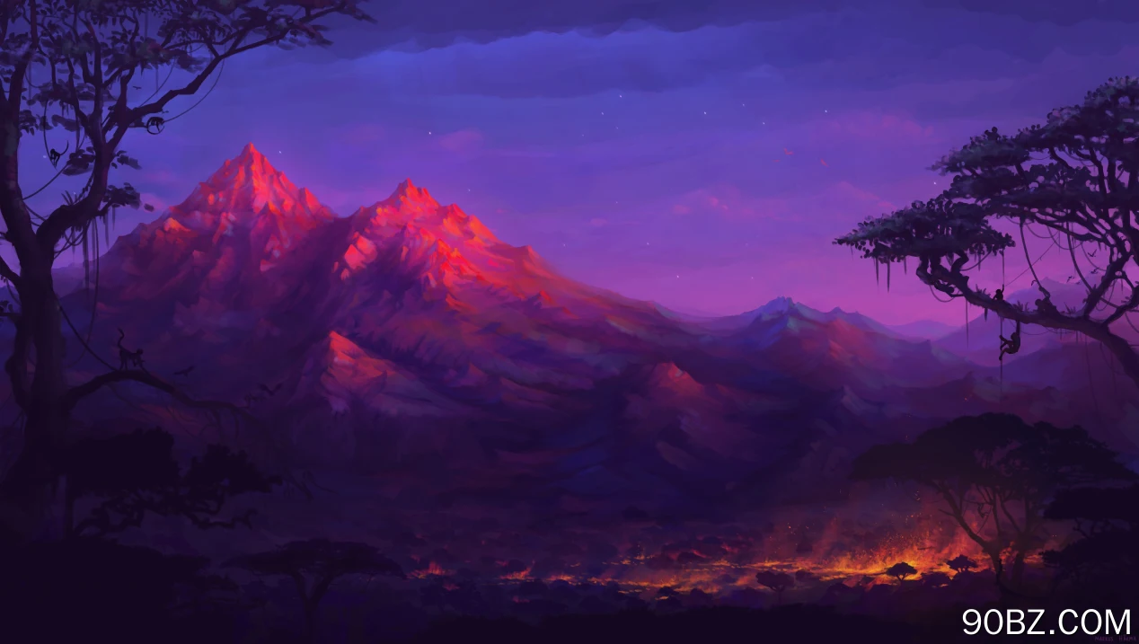 奇幻艺术 山 五颜六色 猴子 夜 树 火 风景  电脑壁纸 4K壁纸