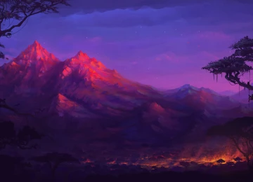 奇幻艺术 山 五颜六色 猴子 夜 树 火 风景  电脑壁纸 4K壁纸  5000x2828