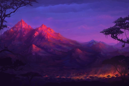 奇幻艺术 山 五颜六色 猴子 夜 树 火 风景  电脑壁纸 4K壁纸 5000x2828